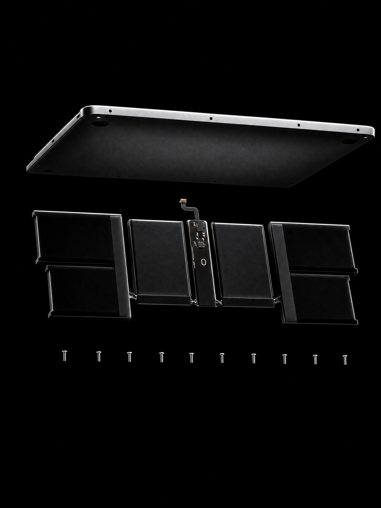 An edge-lit MacBook bottom case floating above its black battery pack and a row of screws, portrait composition on black