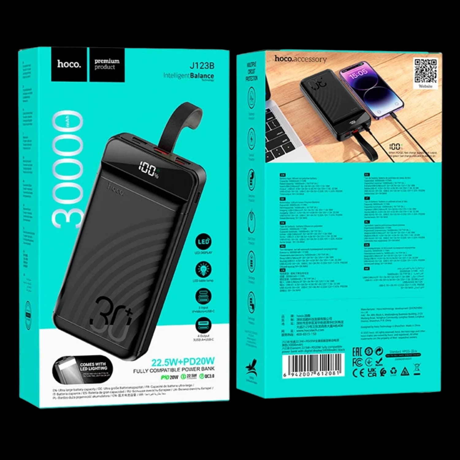 J123B ELEMENT 22.5W+PD20W FULLY COMPATIBLE POWER BANK WITH DIGITAL DISPLAY(30000MAH)